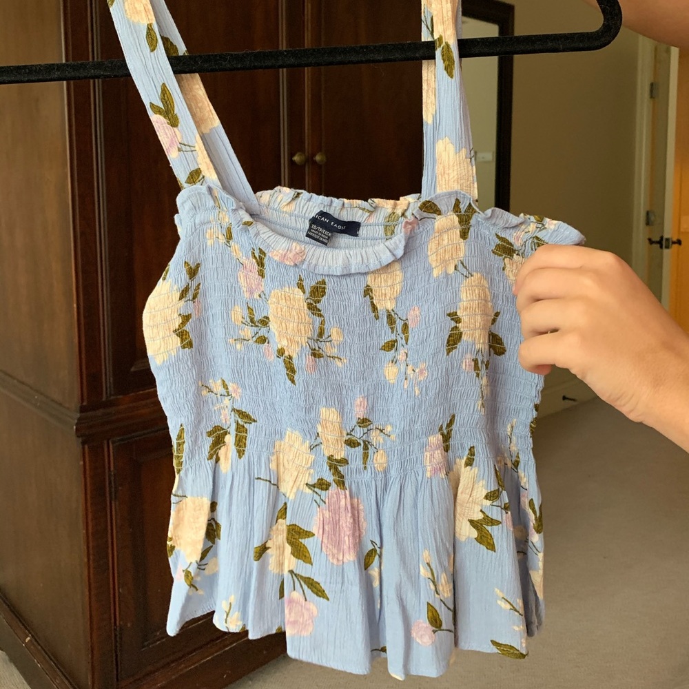AEO Blue Floral Peplum Crop Top